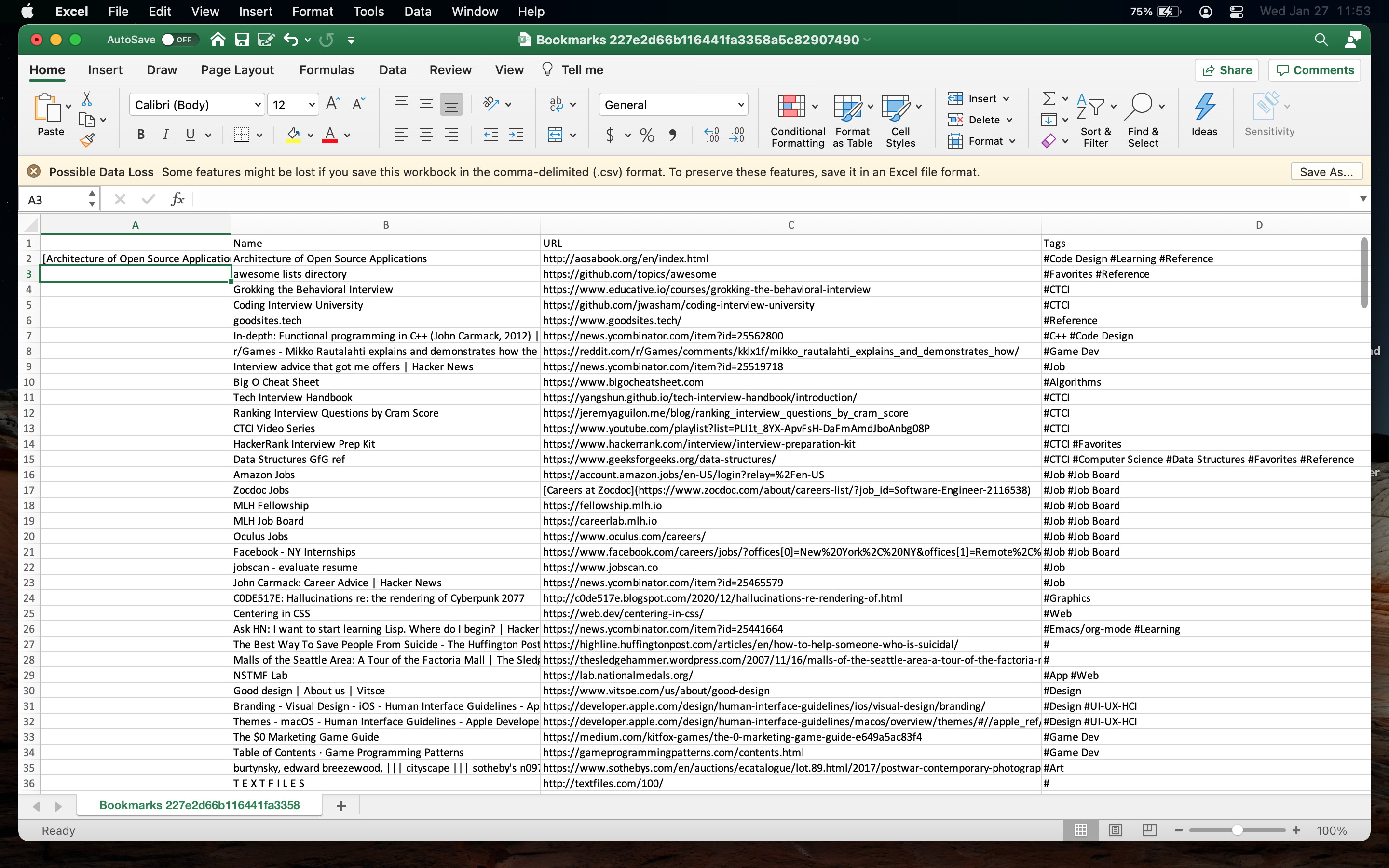 Notion dump of my bookmarks to .csv