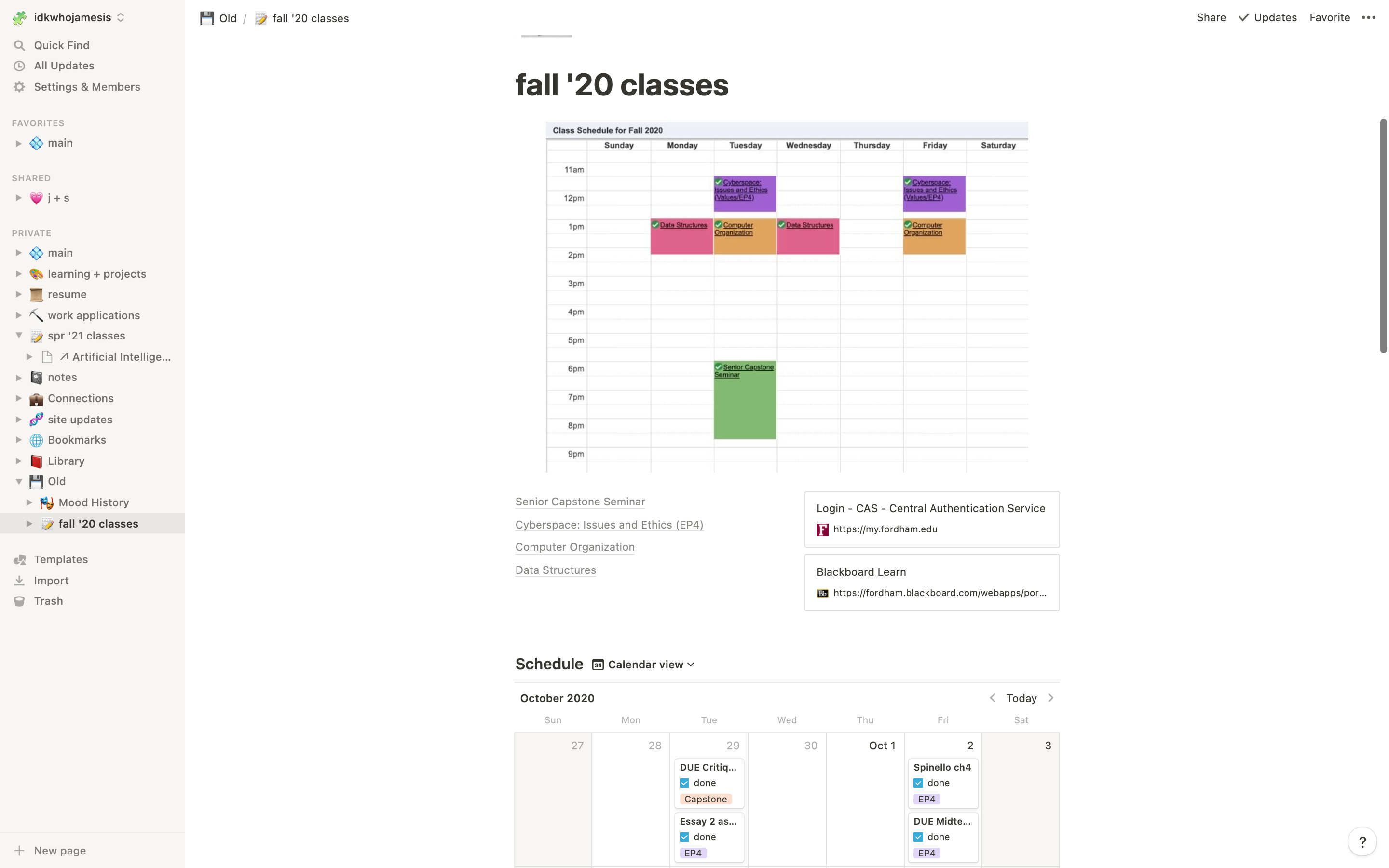 Notion page for managing classes.