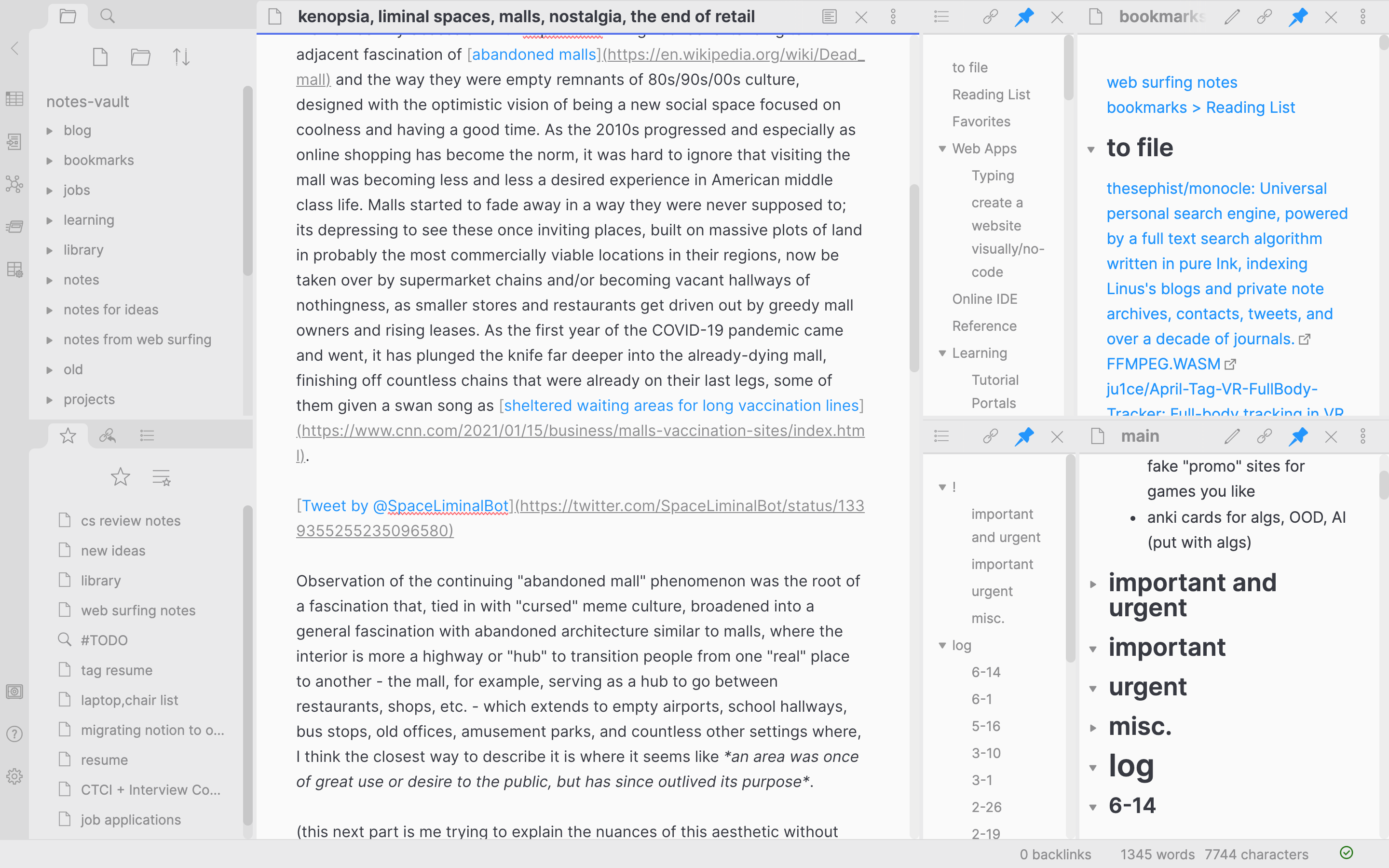 typical layout. current writing in the center, and bookmarks and my main to-do pinned to the right.