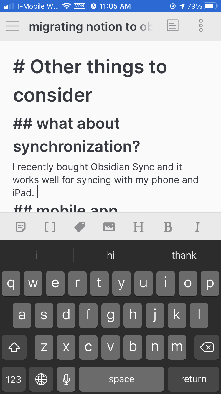 on Obsidian mobile, editing view with keyboard.