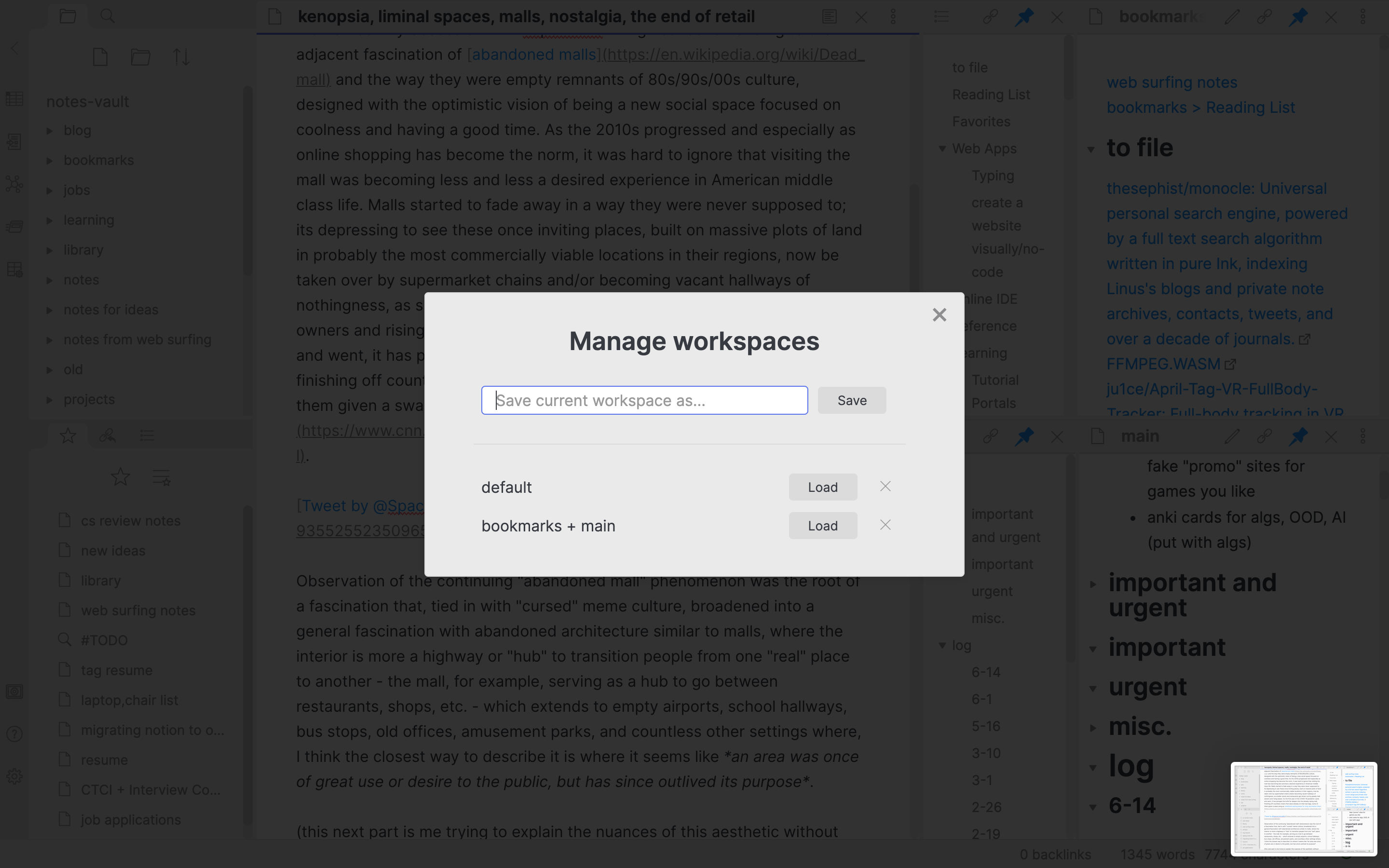 save and load different "workspaces" which are saved panel configurations.